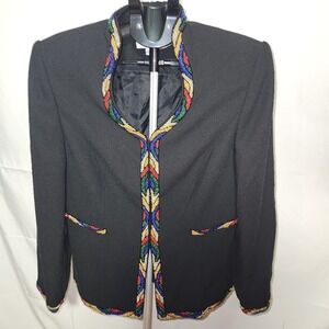 Vintage Beaded Blazer Jacket Open Front Colorful Trim Party Career‎